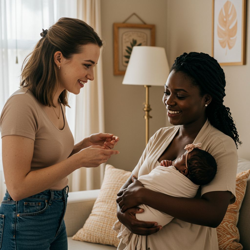 A newborn care specialist holds a baby while she talks with a parent